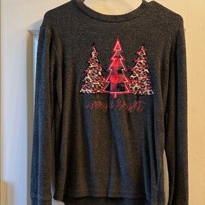 Gray Long Sleeve Shirt with Festive Tree Design